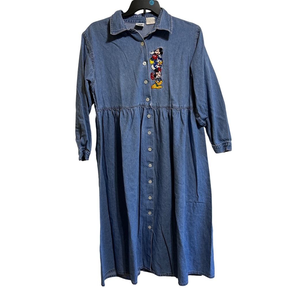 Disney Catalog Denim Midi Dress L Blue Embroidered Mickey Minnie Donald Pluto